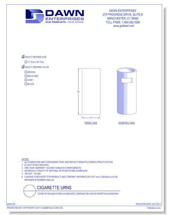 CS38R: 38" Round Stone Aggregate Combination Waste Receptacle/Ashtray