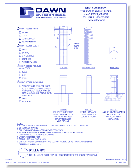 BOC14R 14x36: 14" Round x 36" High Concrete Bollard with 1/2" Dome Top, 3 Reveals