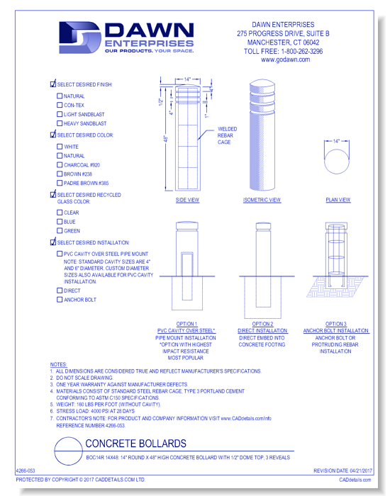BOC14R 14x48: 14" Round x 48" High Concrete Bollard with 1/2" Dome Top, 3 Reveals