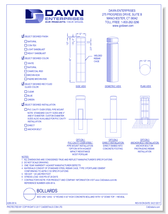 BOC12R2 12x42: 12" Round x 42" High Concrete Bollard with 1/2" Dome Top, 1 Reveal