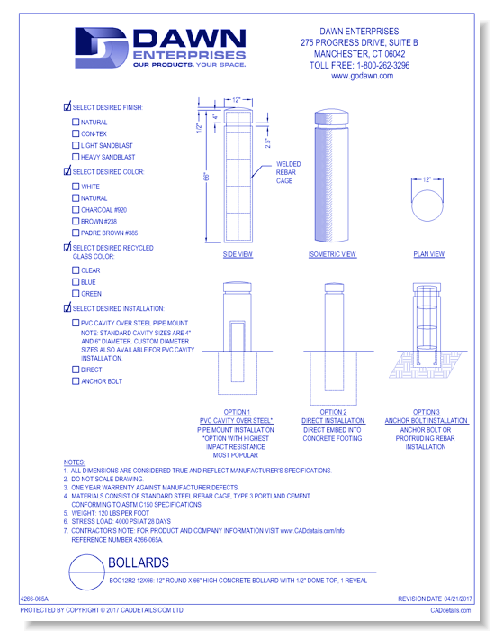 BOC12R2 12x66: 12" Round x 66" High Concrete Bollard with 1/2" Dome Top, 1 Reveal