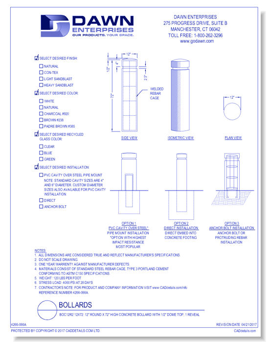 BOC12R2 12x72: 12" Round x 72" High Concrete Bollard with 1/2" Dome Top, 1 Reveal