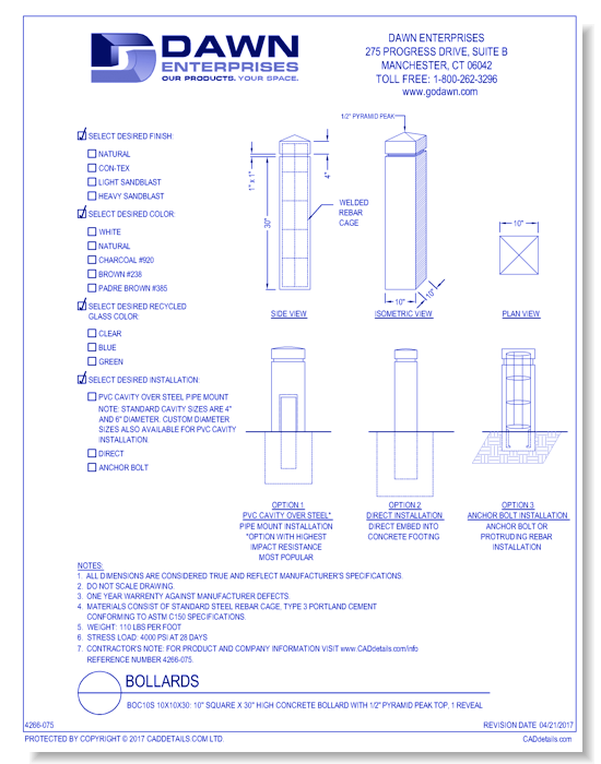 BOC10S 10x10x30: 10" Square x 30" High Concrete Bollard with 1/2" Pyramid Peak Top, 1 Reveal