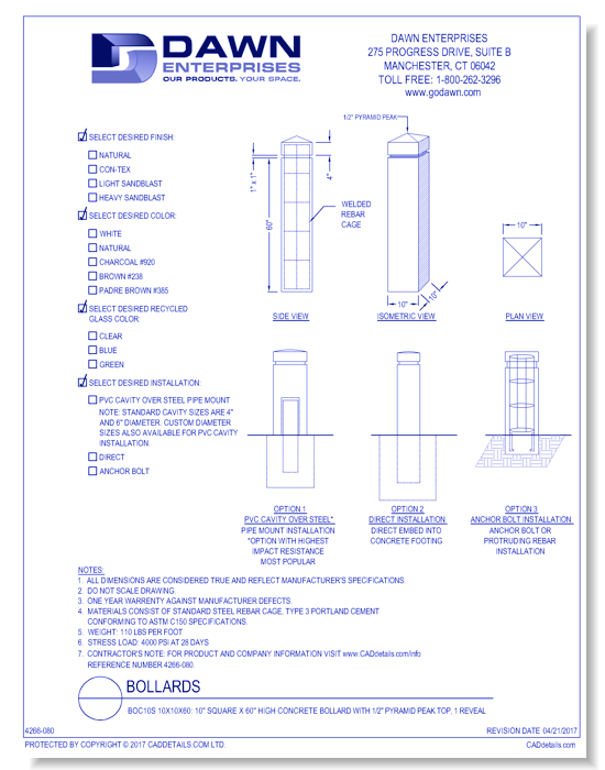 BOC10S 10x10x60: 10" Square x 60" High Concrete Bollard with 1/2" Pyramid Peak Top, 1 Reveal