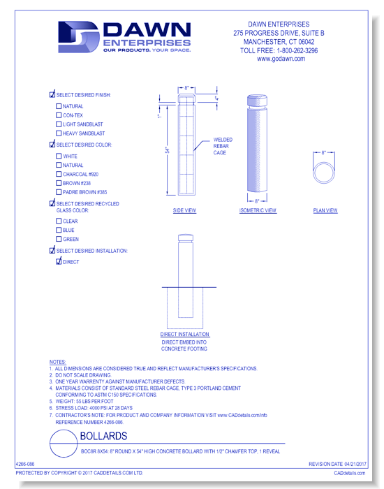BOC8R 8x54: 8" Round x 54" High Concrete Bollard with 1/2" Chamfer Top, 1 Reveal