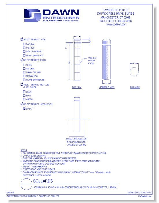 BOC6R 6x60: 6" Round x 60" High Concrete Bollard with 3/4 Inch Dome Top, 1 Reveal