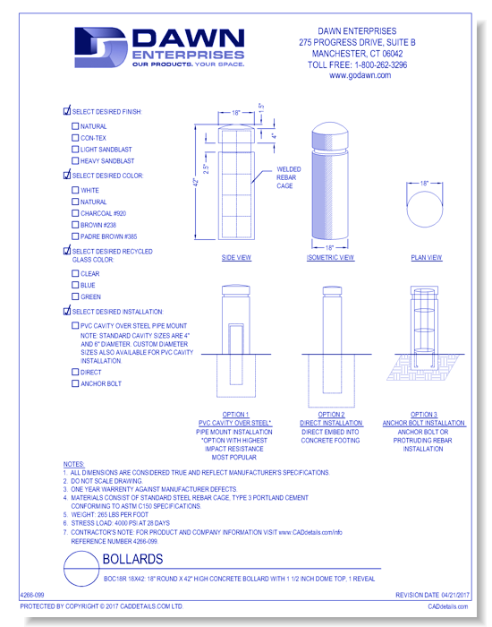 BOC18R 18x42: 18" Round x 42" High Concrete Bollard with 1 1/2 Inch Dome Top, 1 Reveal