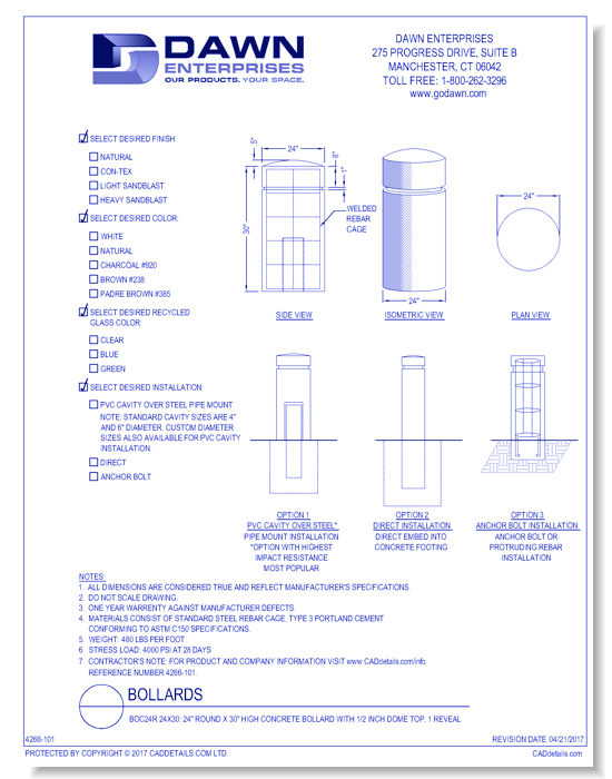 BOC24R 24x30: 24" Round x 30" High Concrete Bollard with 1/2 Inch Dome Top, 1 Reveal