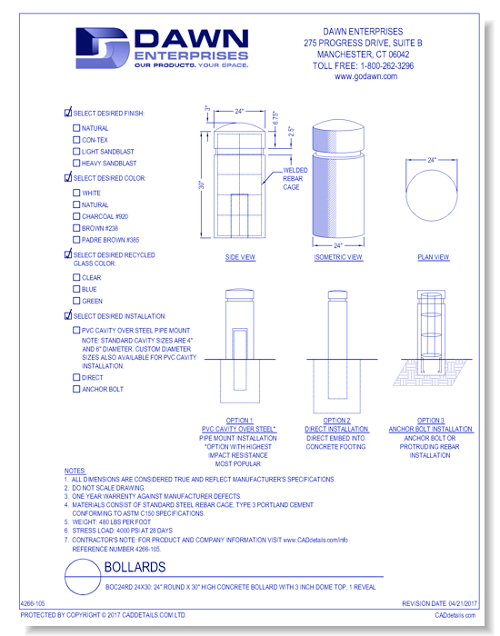 BOC24RD 24x30: 24" Round x 30" High Concrete Bollard with 3 Inch Dome Top, 1 Reveal