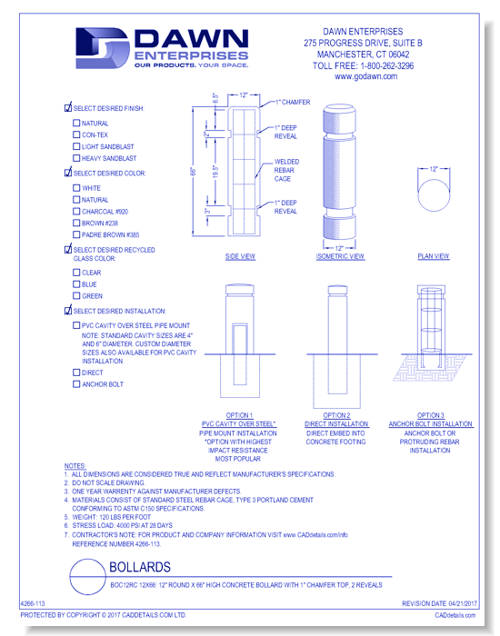 BOC12RC 12x66: 12" Round x 66" High Concrete Bollard with 1" Chamfer Top, 2 Reveals
