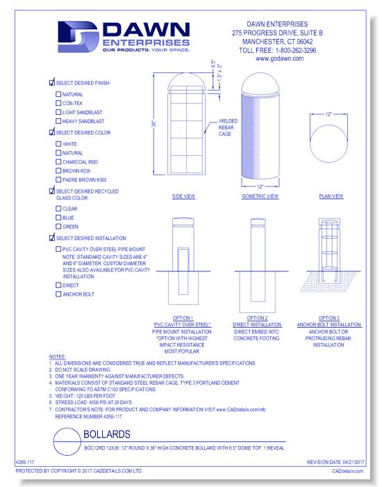 BOC12RD 12x36: 12" Round x 36" High Concrete Bollard with 6.5" Dome Top, 1 Reveal