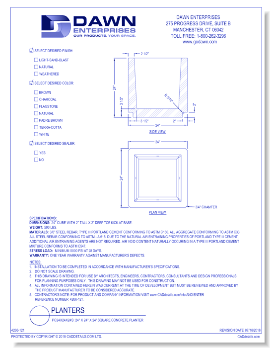 PC24x24x24S: 24” x 24” x 24” Square Concrete Planter
