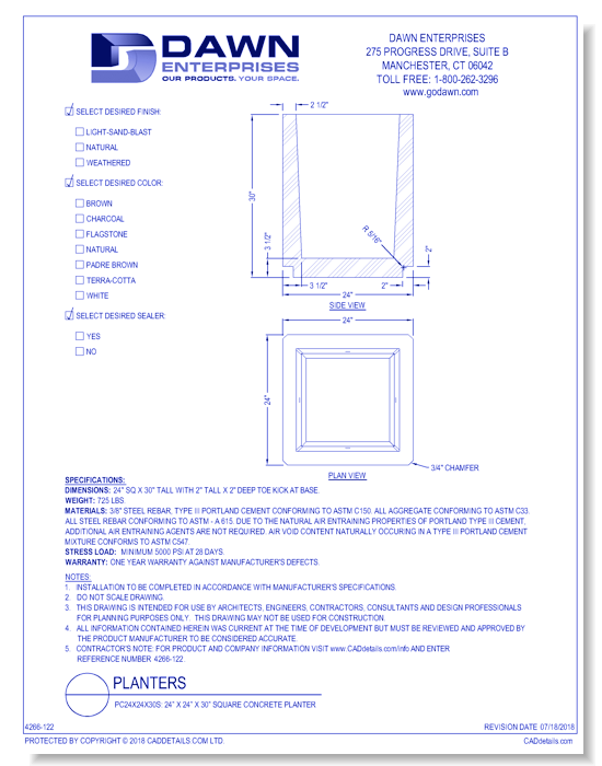 PC24x24x30S: 24” x 24” x 30” Square Concrete Planter