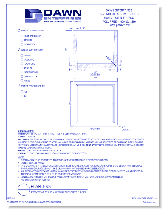 PC36x36x30S: 36” x 36” x 30” Square Concrete Planter