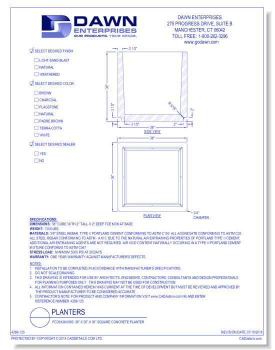 PC36x36x36S: 36” x 36” x 36” Square Concrete Planter