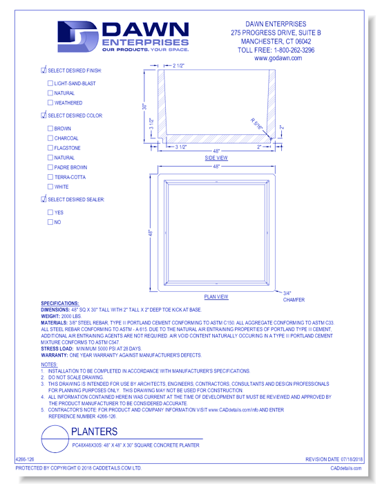 PC48x48x30S: 48” x 48” x 30” Square Concrete Planter