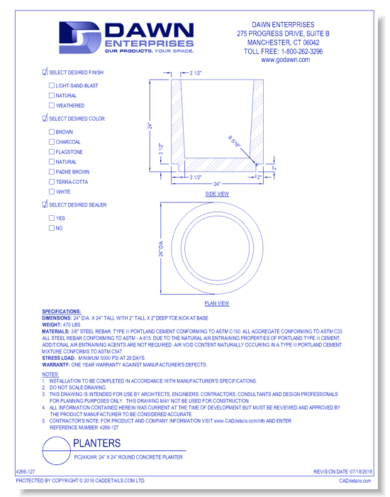 PC24x24R: 24” x 24” Round Concrete Planter