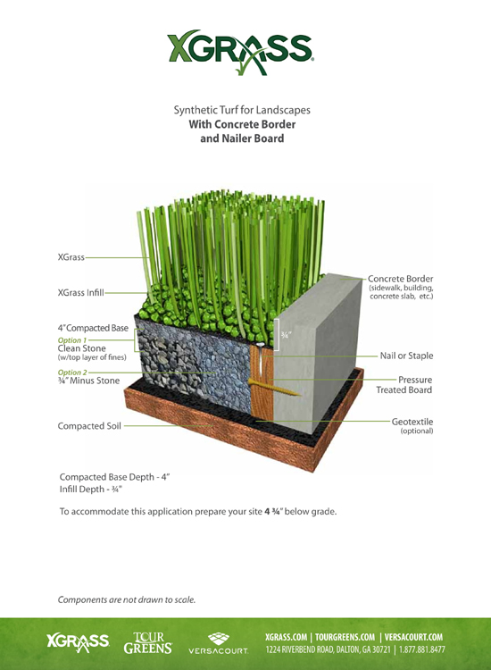 XGrass® Synthetic Turf for Landscape Areas - Installation over Aggregate with Nailer Board & Concrete Border