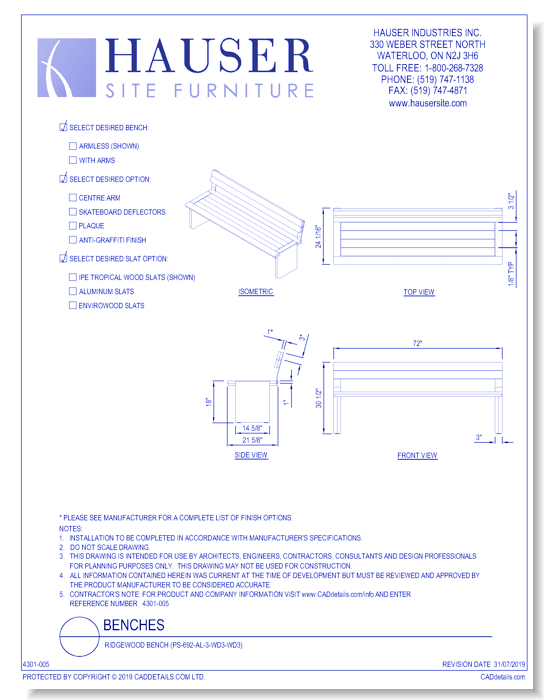 Ridgewood Bench (PS-692-AL-3-WD3-WD3)