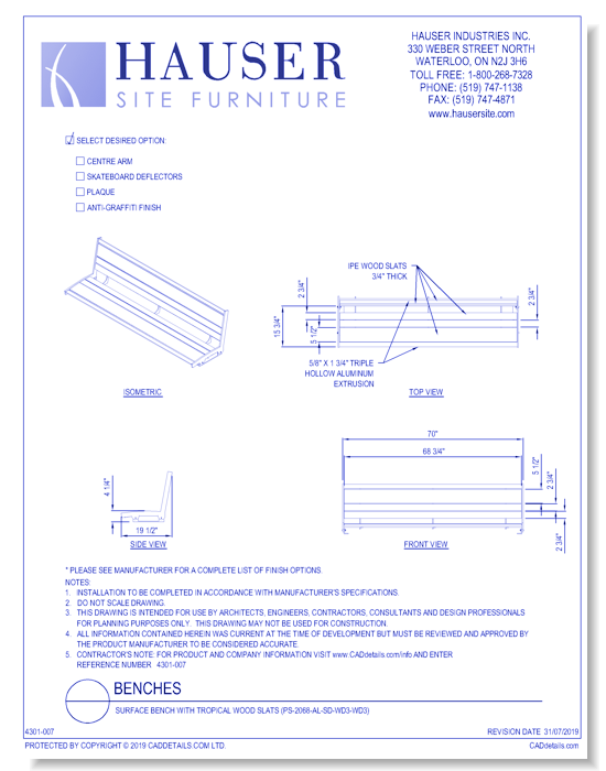 Surface Bench With Tropical Wood Slats (PS-2068-AL-SD-WD3-WD3)