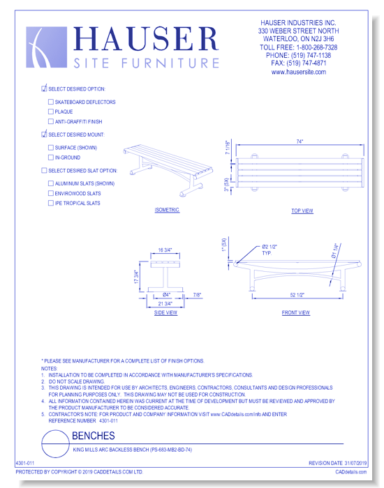 King Mills Arc Backless Bench (PS-683-MB2-BD-74)