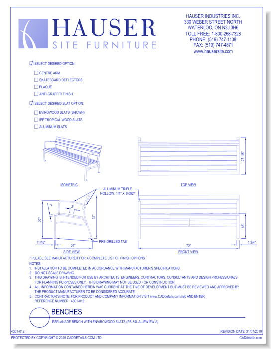 Esplanade Bench With Envirowood Slats (PS-840-AL-EW-EW-A)