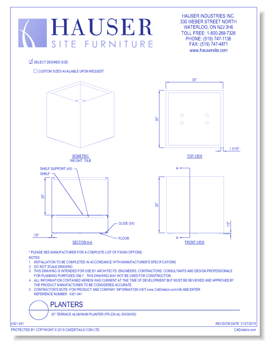 30'' Terrace Aluminum Planter (PS-230-AL-30x30x30)