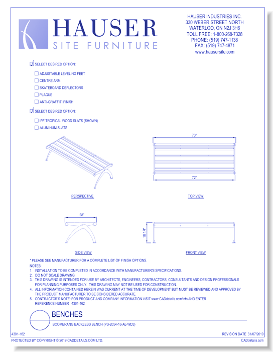 Boomerang Backless Bench (PS-2054-16-AL-WD3)
