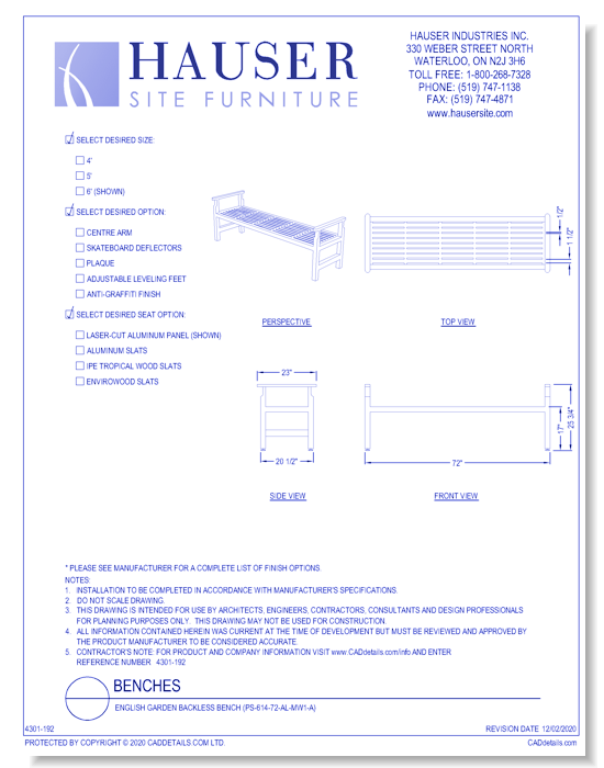 English Garden Backless Bench (PS-614-72-AL-MW1-A)