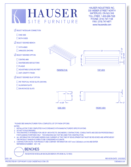 Ridgewood Modular Backless Bench (PS-693M-AL-72-WD3)