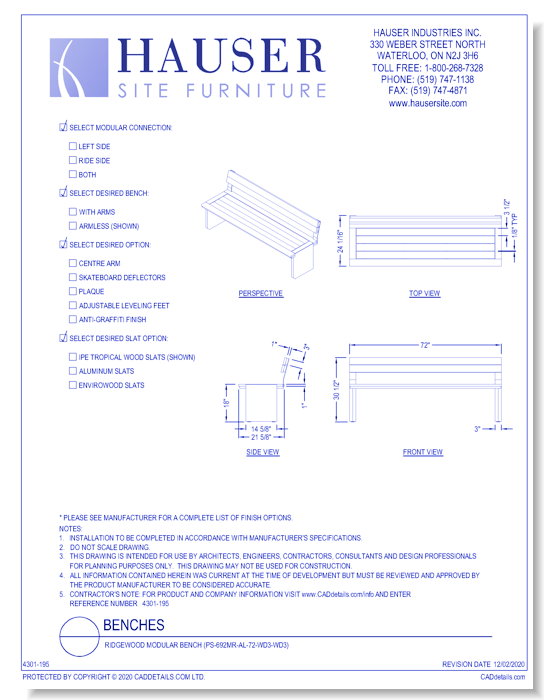 Ridgewood Modular Bench (PS-692MR-AL-72-WD3-WD3)