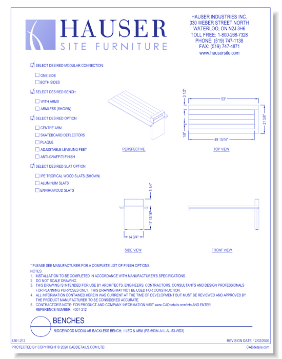 Ridgewood Modular Backless Bench, 1 Leg & Arm (PS-693M-A1L-AL-53-WD3)