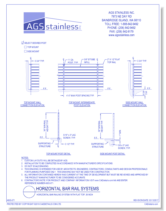 Horizontal Bar Railing Systems: Horizontal Bar Railing System with Flat Top, 36 Inch 