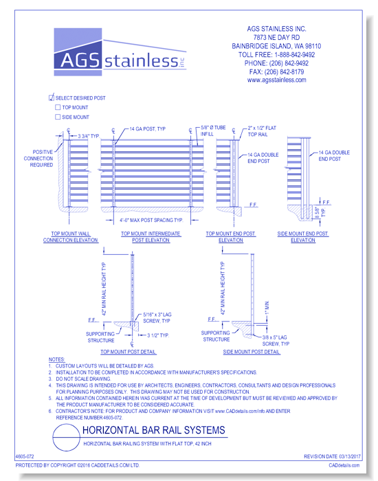 Horizontal Bar Railing Systems: Horizontal Bar Railing System with Flat Top, 42 Inch 