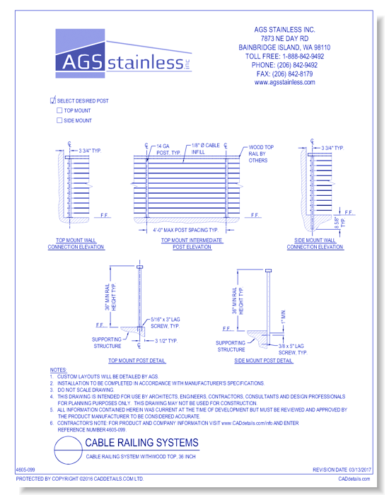 Cable Railing Systems: Cable Railing System with Wood Top, 36 Inch 
