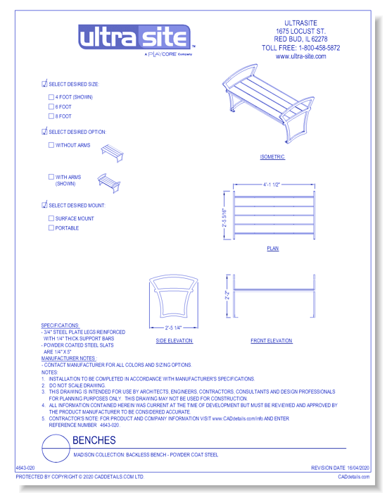 Madison Collection: Backless Bench - Powder Coat Steel 