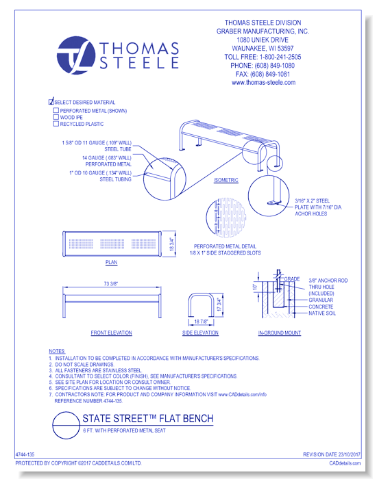 State Street™ Flat Bench: 6 Ft. with Perforated Metal Seat