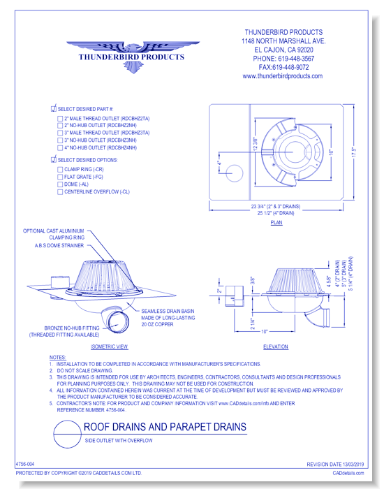 Side Outlet Roof Drain with Overflow