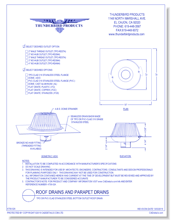 TPO or PVC-Clad Stainless Steel Bottom Outlet Roof Drain