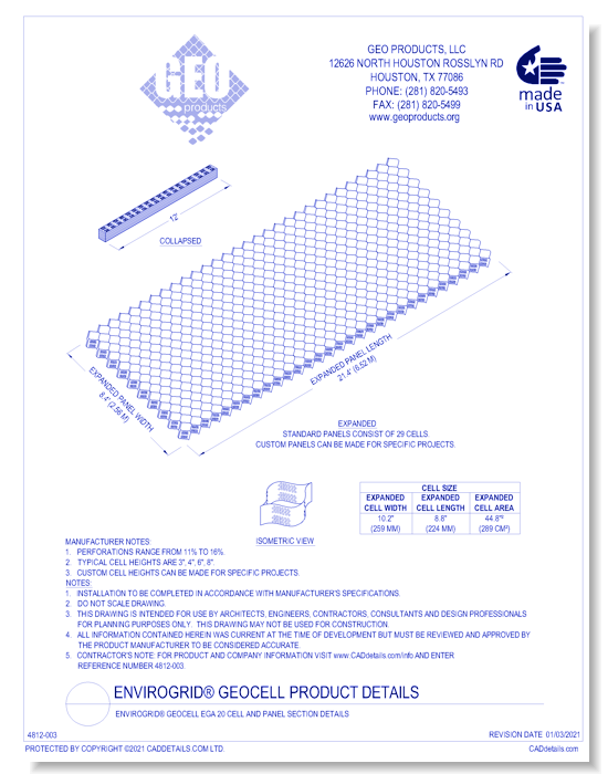 EnviroGrid® Geocell EGA 20 Cell and Panel Section Details