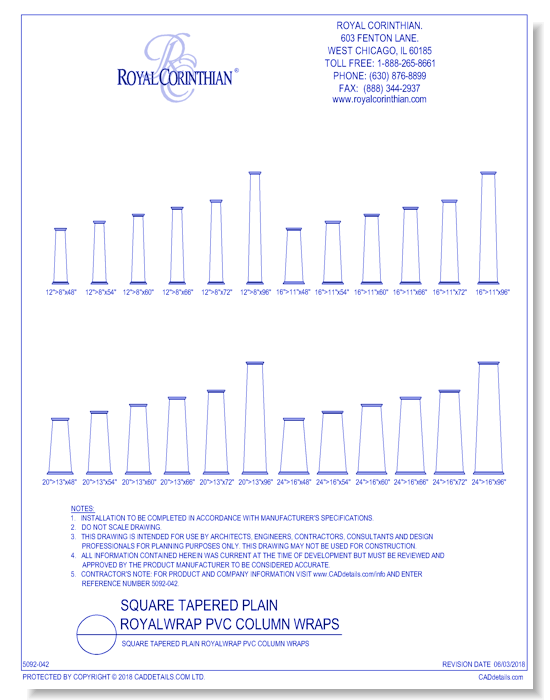 Square Tapered Plain RoyalWrap PVC Column Wraps