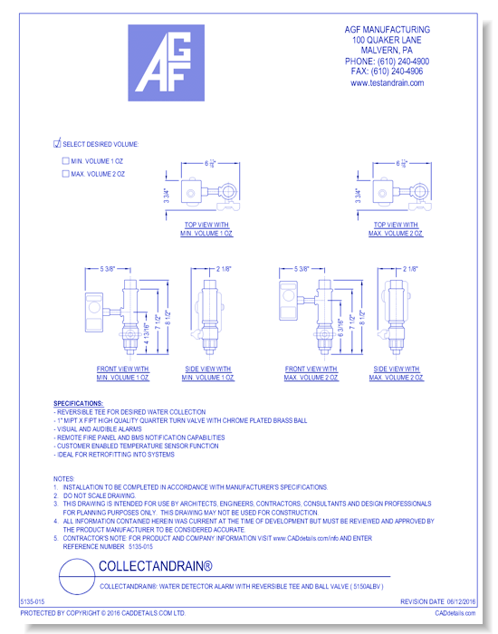 COLLECTanDRAIN®: Water Detector Alarm with Reversible Tee and Ball Valve ( 5150ALBV )