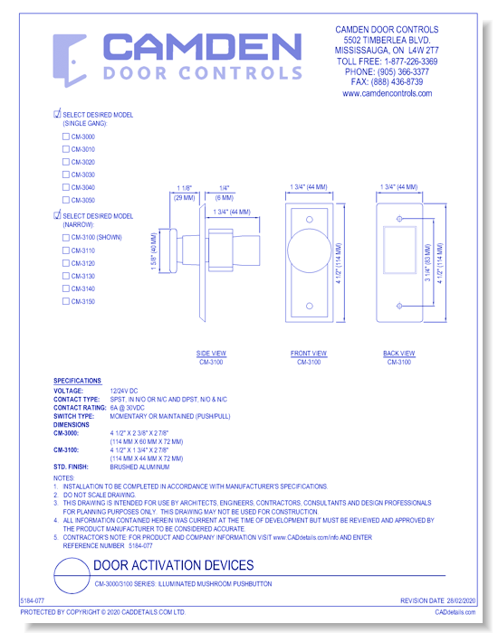 CM-3000/3100 Series: Illuminated Mushroom Pushbutton