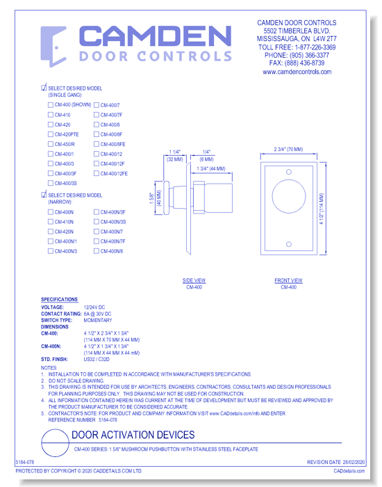  CM-400 Series: 1 5/8" Mushroom Pushbutton with Stainless Steel Faceplate