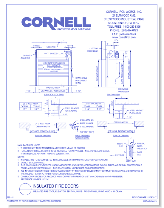 Insulated Fire Door, Elevation, Section, Guide - Face of Wall, Right Hand M100 Crank