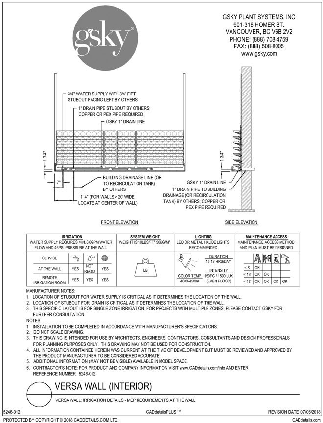 Versa Wall: Irrigation Details - MEP Requirements At The Wall
