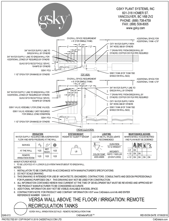 Versa Wall: Irrigation Details - Remote Recirculation Tank