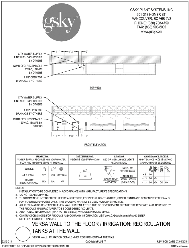 Versa Wall: Irrigation Details - MEP Requirements At The Wall