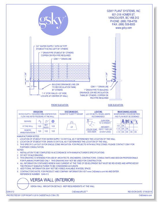 Versa Wall: Irrigation Details - MEP Requirements At The Wall