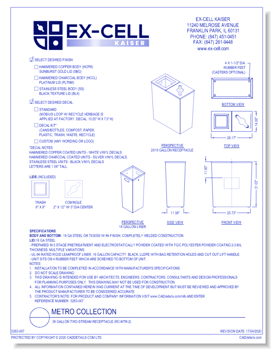 Metro Collection: 36 Gallon Two-Stream Receptacle (RC-MTR-2)
